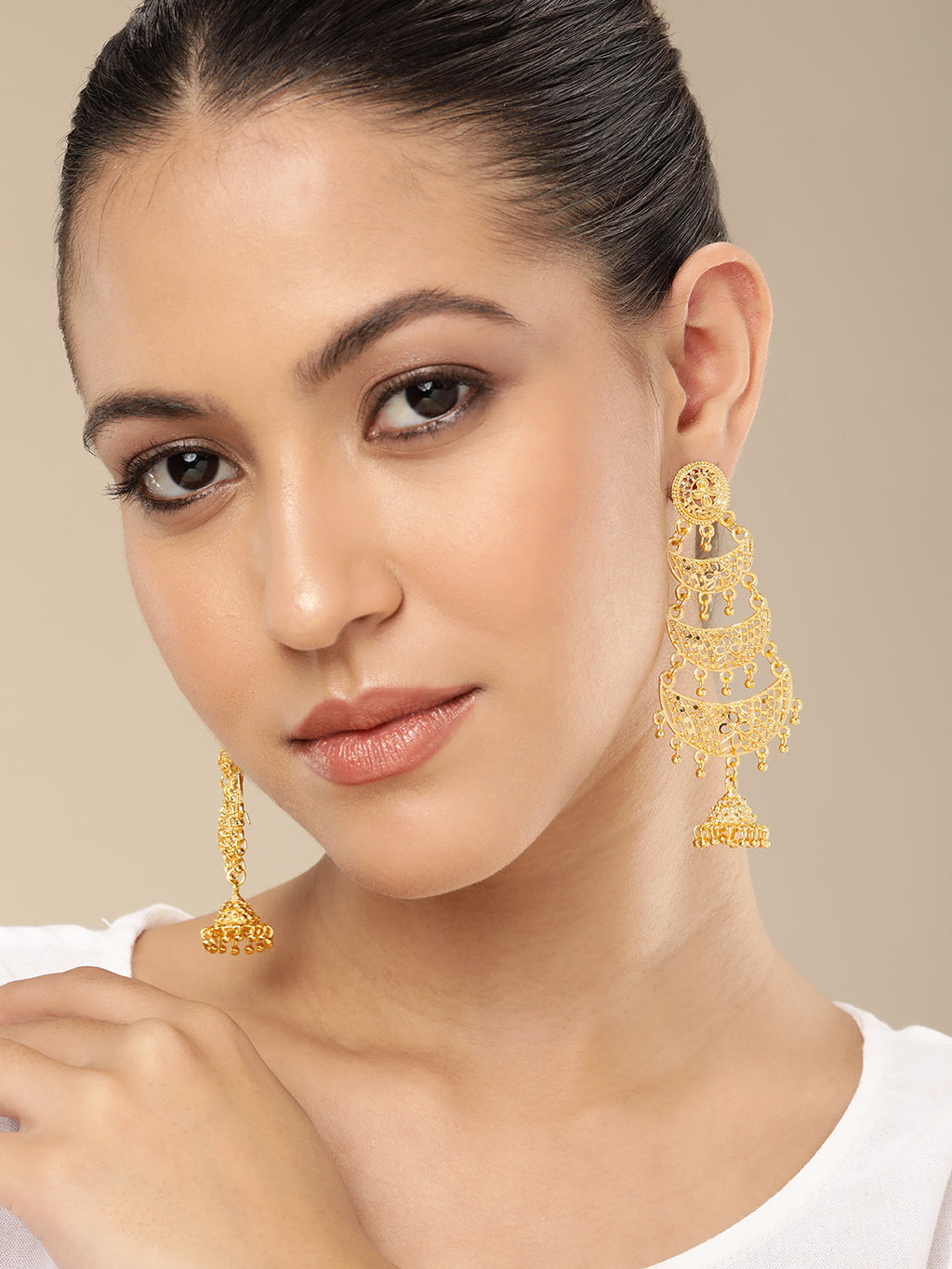 Regal Gold-Plated Multi-Tiered Crescent Chandbali Jhumka Earrings