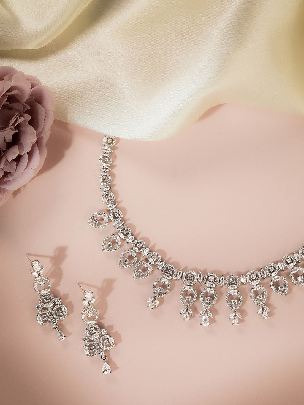 Glamorous Silver-Plated American Diamond CZ Shimmering Necklace & Earring Set