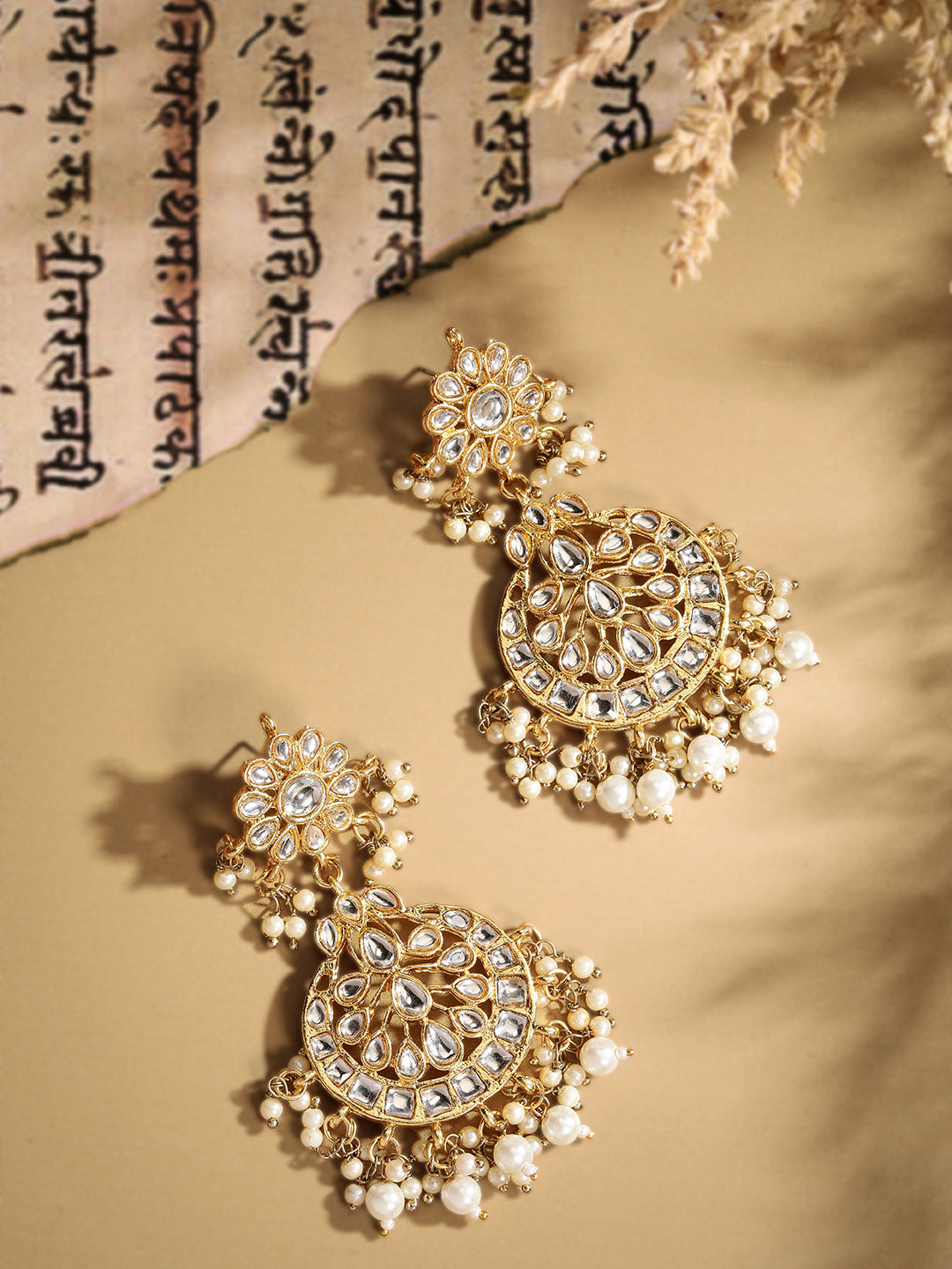 Regal Gold-Plated Kundan Floral & Circular Statement Drop Earrings