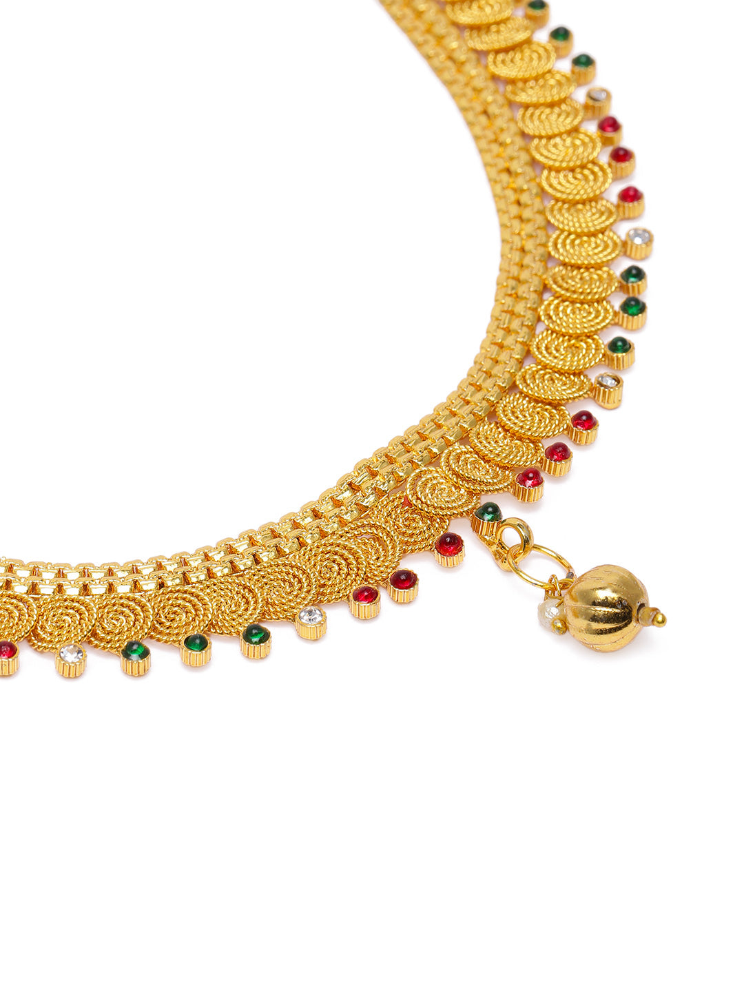 Regal Gold-Plated Red & Green Stone-Studded Necklace & Jhumki Set