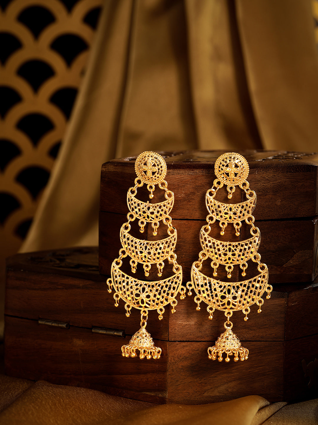 Regal Gold-Plated Multi-Tiered Crescent Chandbali Jhumka Earrings