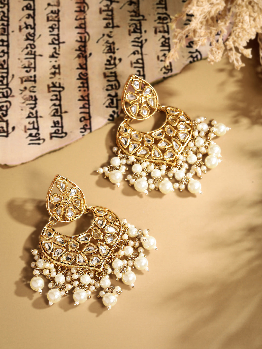 Regal Gold-Plated Kundan Crescent-Shaped Chandbali Earrings