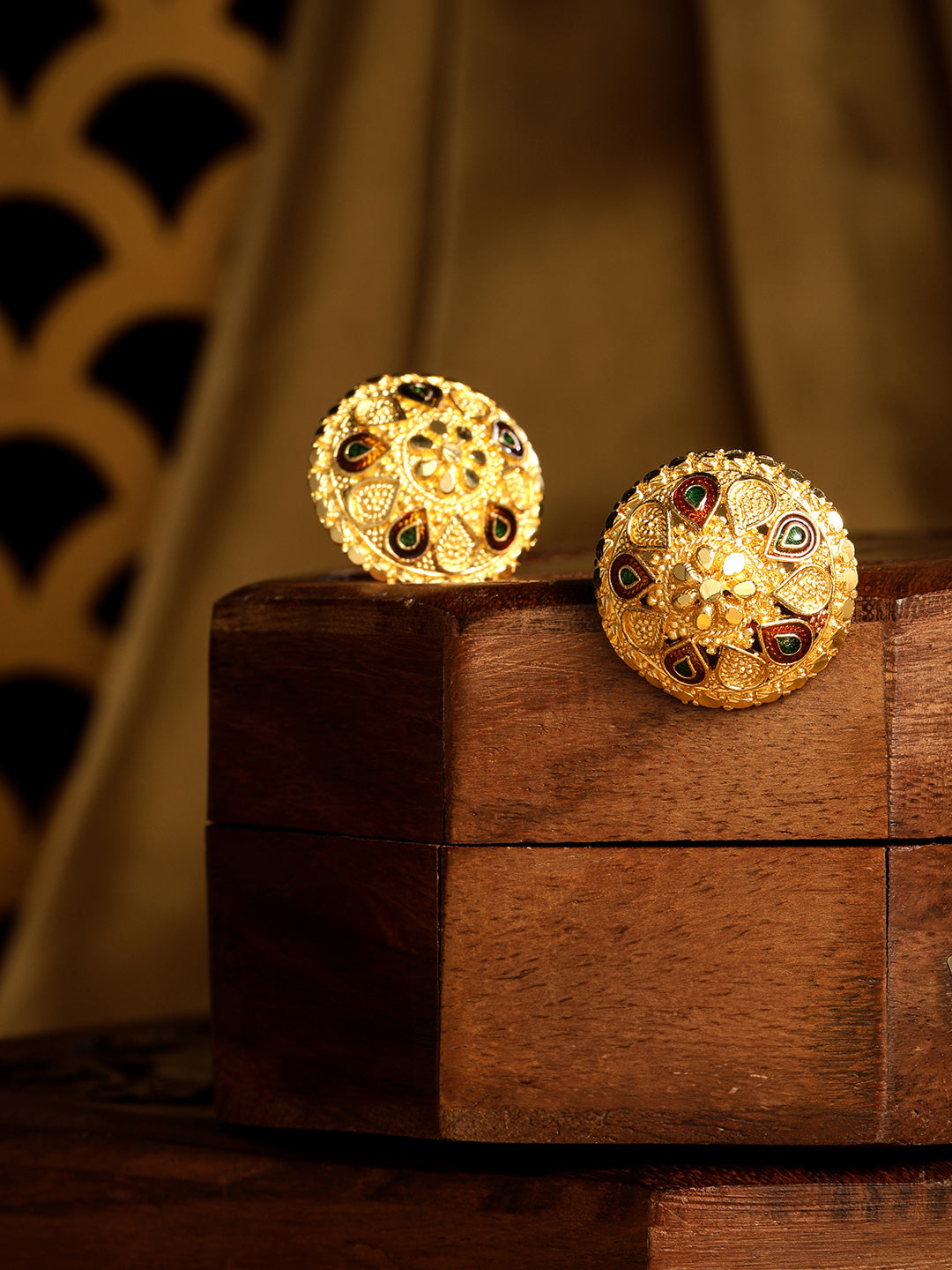 Regal Gold-Plated Maroon Meenakari Circular Stud Earrings