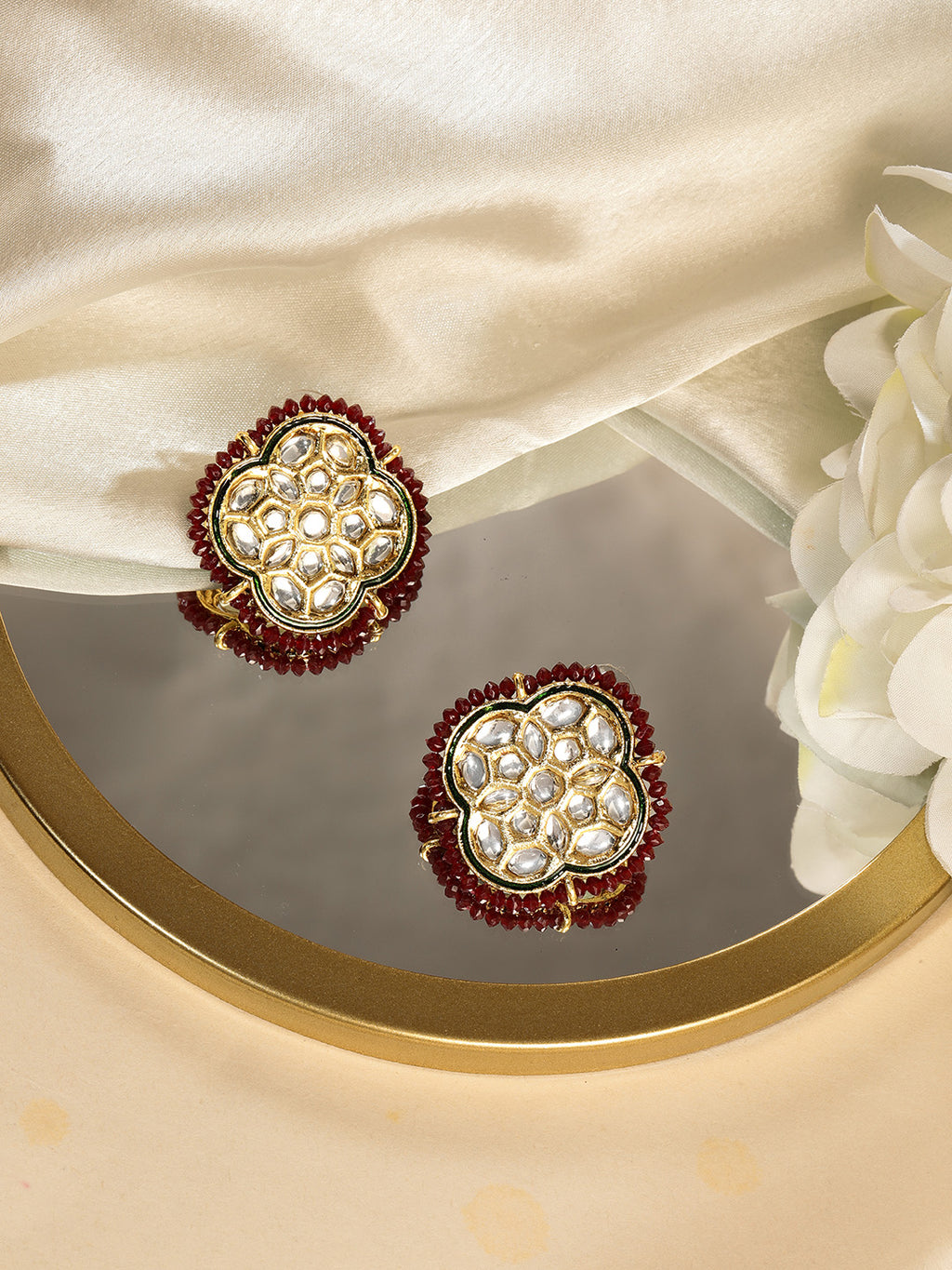 Regal Gold-Plated Maroon Kundan Statement Stud Earrings