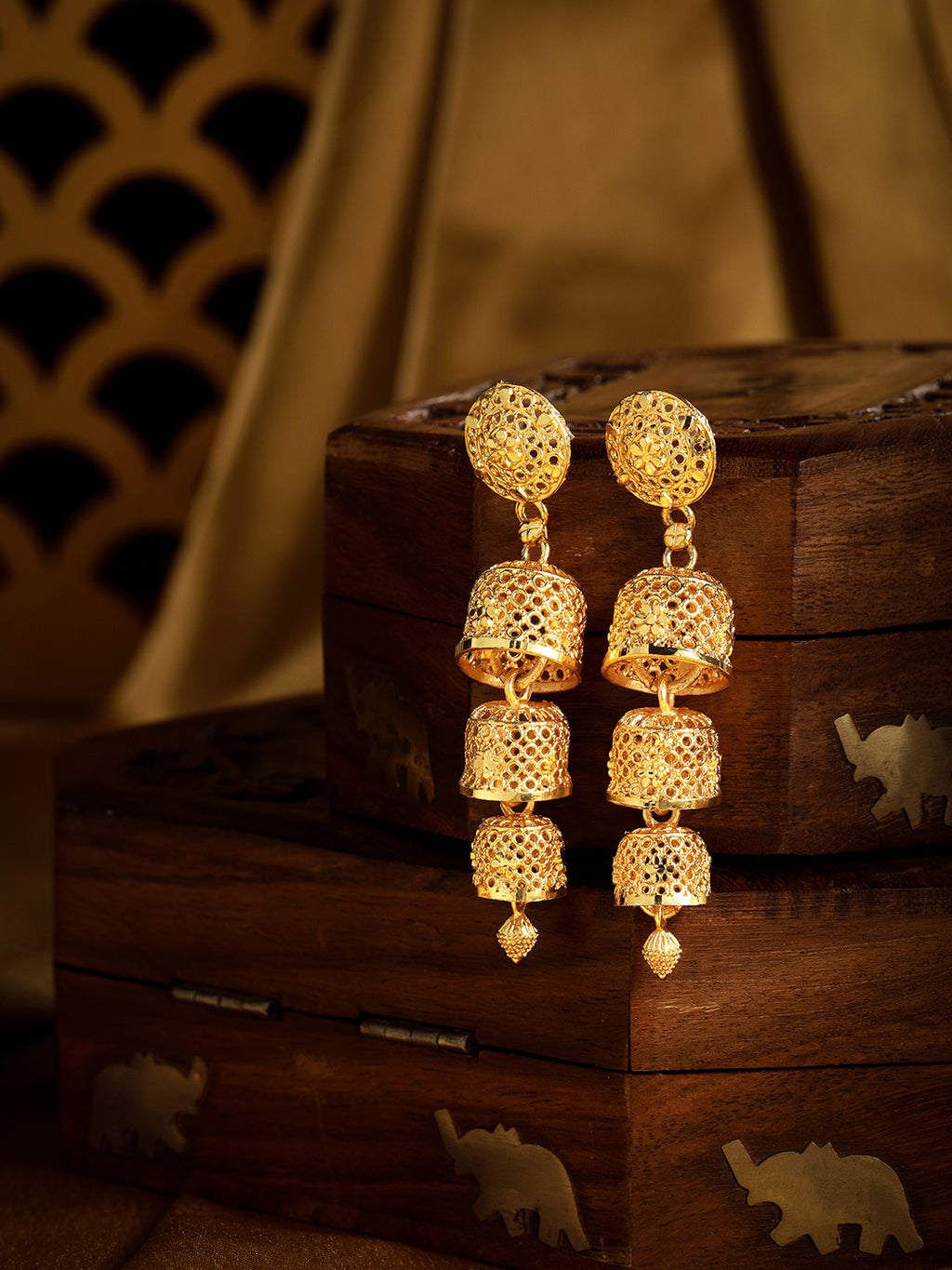 Regal Gold-Plated Multi-Tiered Dome Jhumka Earrings