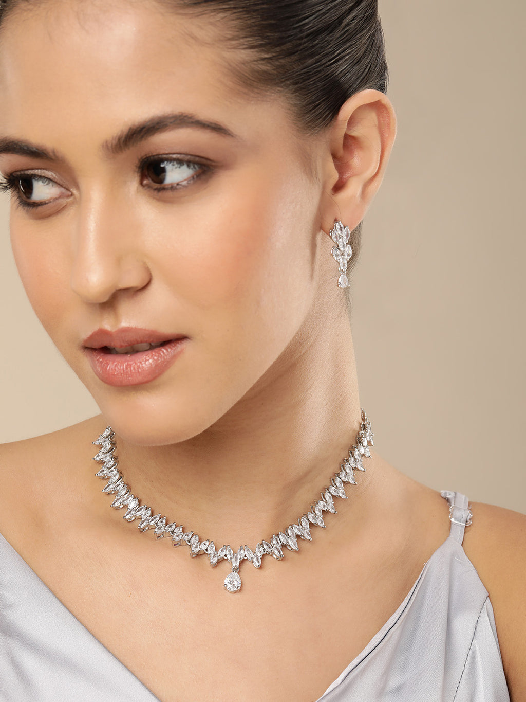 Glamorous Silver-Plated American Diamond CZ Shimmering Necklace & Earring Set