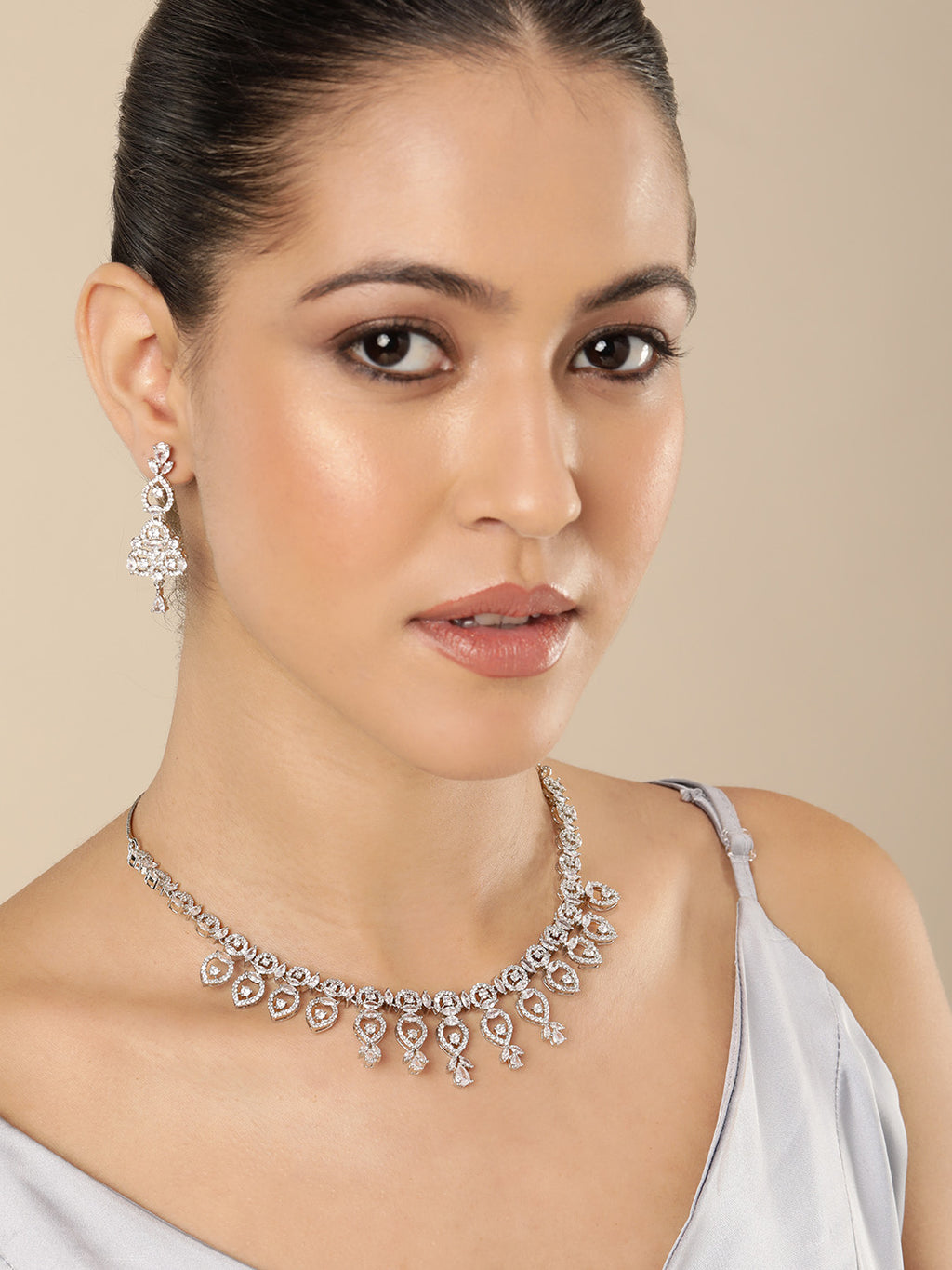 Glamorous Silver-Plated American Diamond CZ Shimmering Necklace & Earring Set
