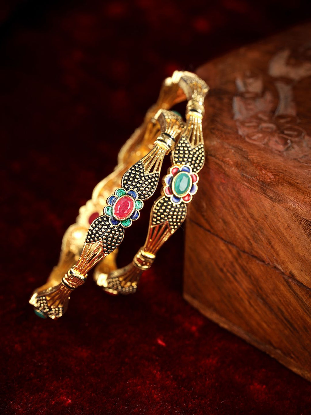 Exquisite Gold-Plated Ruby & Emerald Meenakari Statement Bangles (Set of 2)