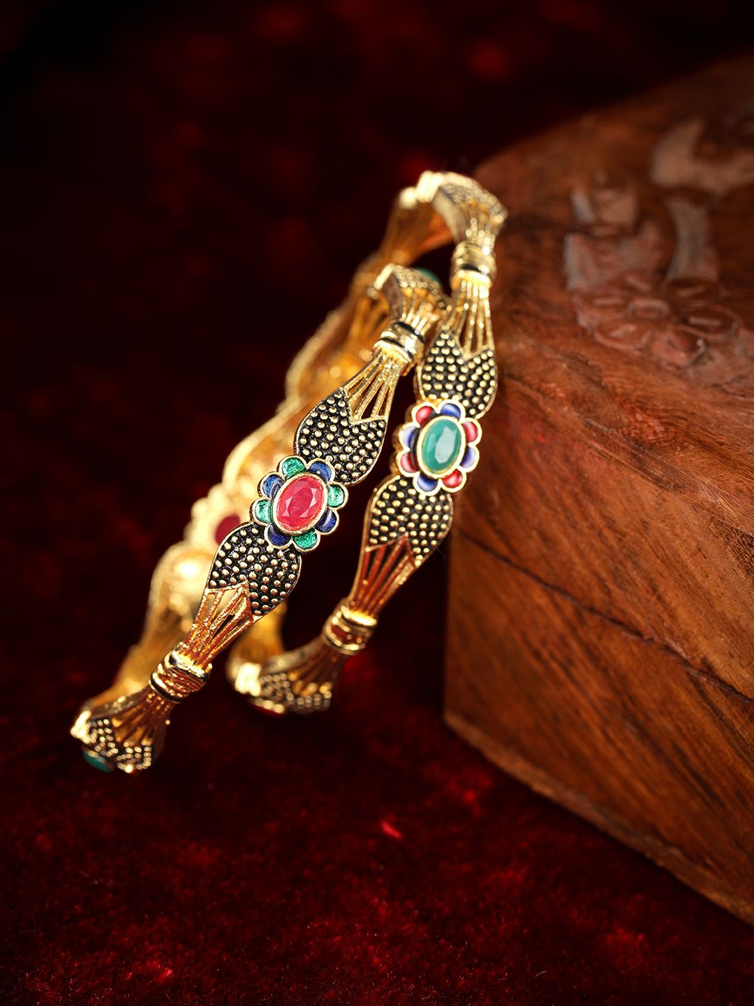 Exquisite Gold-Plated Ruby & Emerald Meenakari Statement Bangles (Set of 2)