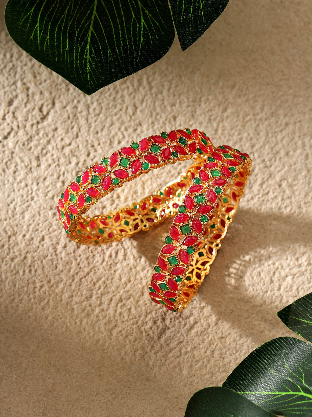 Exquisite Gold-Plated Red &amp; Green Floral Bangles (Set of 2)