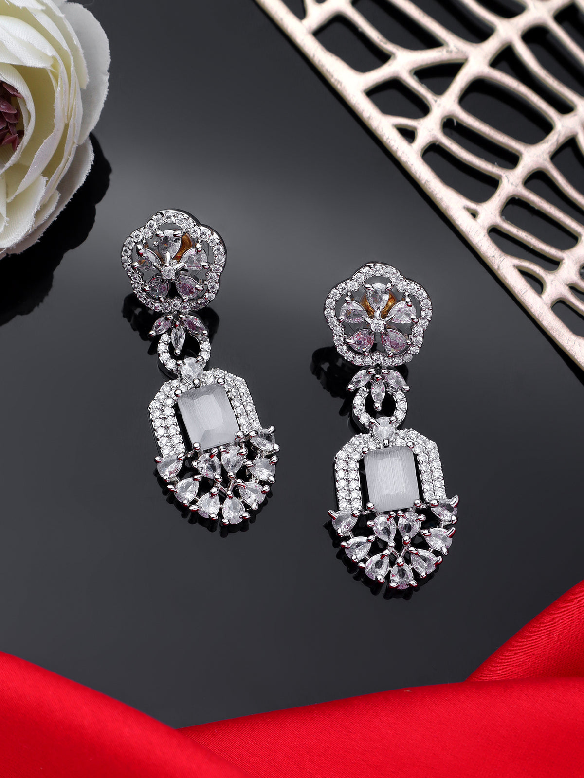 Glamorous Silver-Plated Geometric Marquise American Diamond Drop Earrings