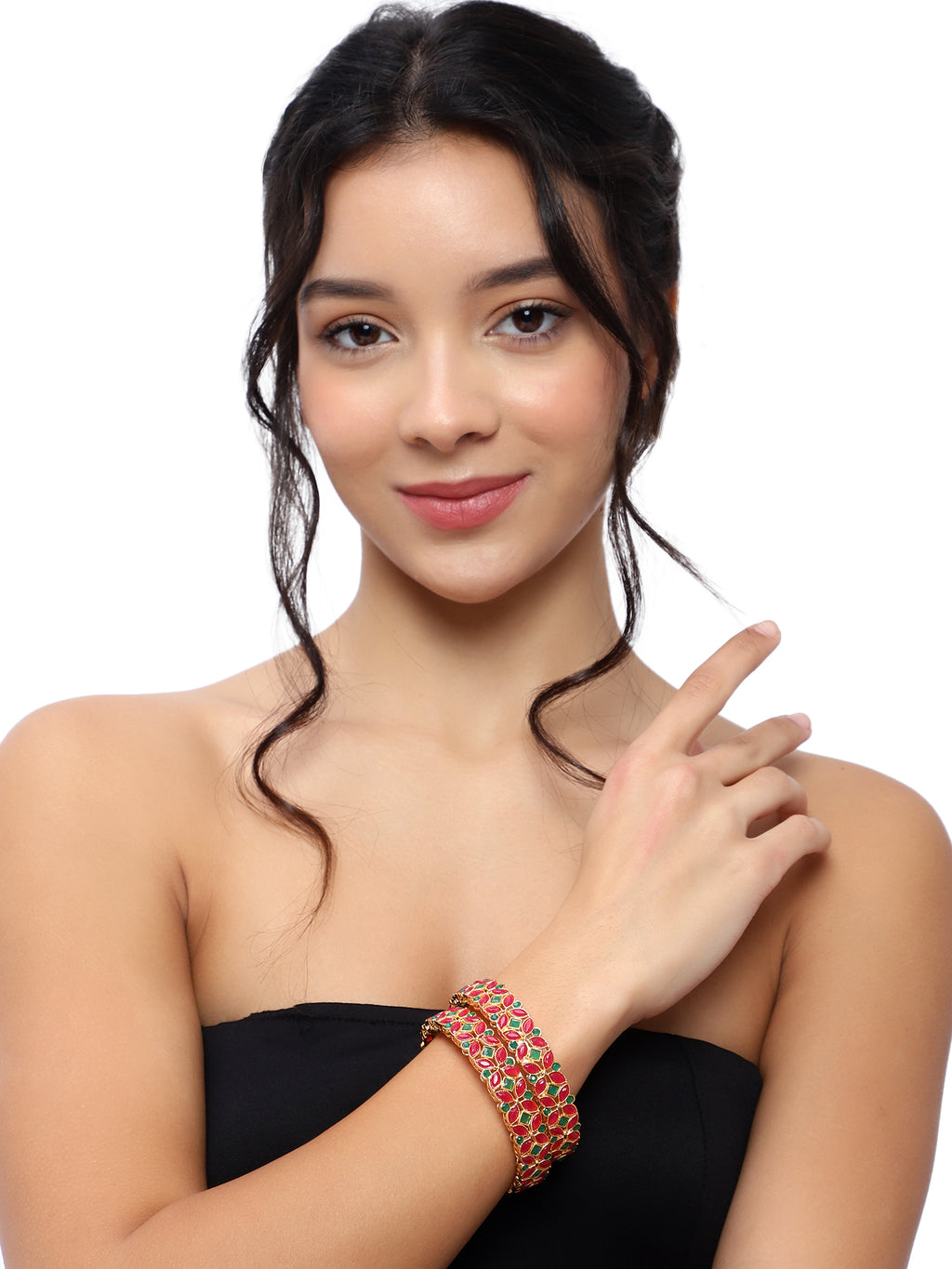 Exquisite Gold-Plated Red &amp; Green Floral Bangles (Set of 2)
