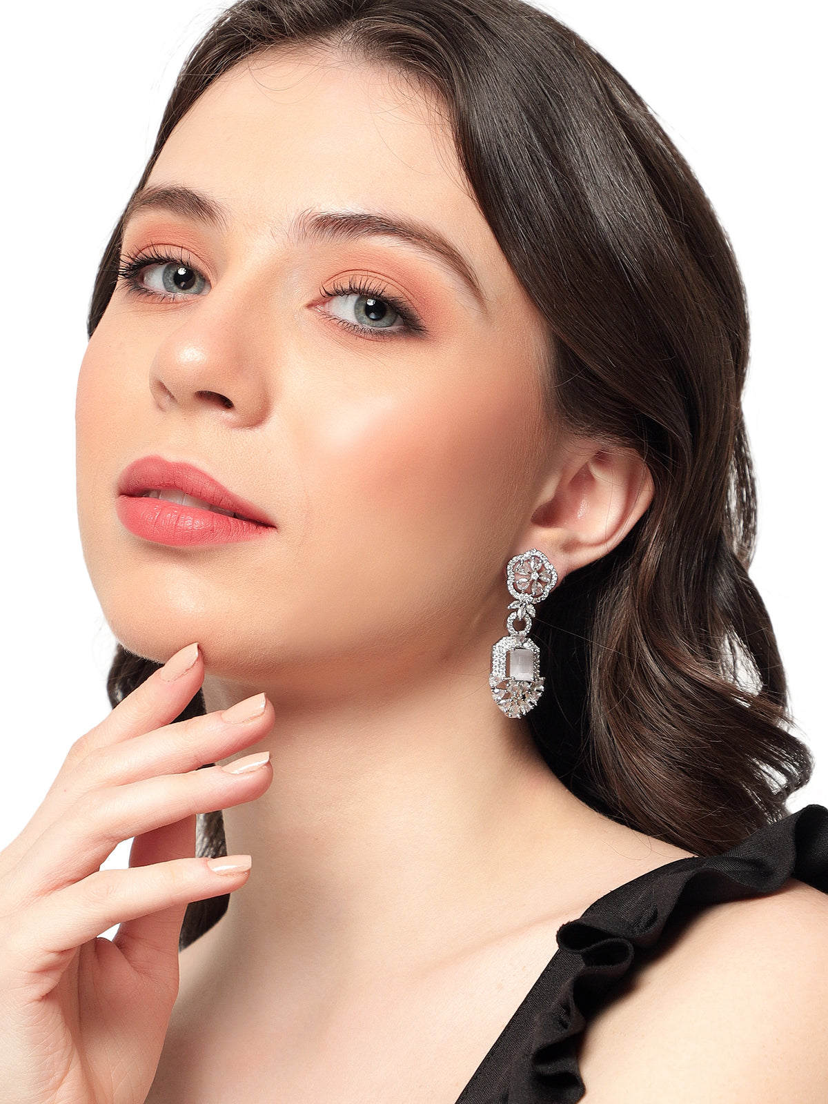 Glamorous Silver-Plated Geometric Marquise American Diamond Drop Earrings