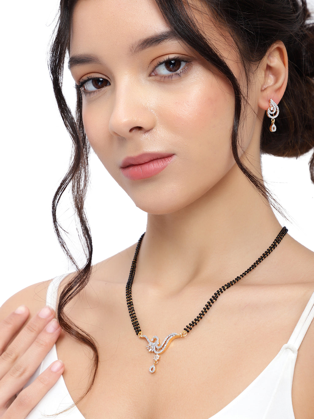 Exquisite Rhodium-Plated American Diamond Peacock Motif Mangalsutra & Earrings Set