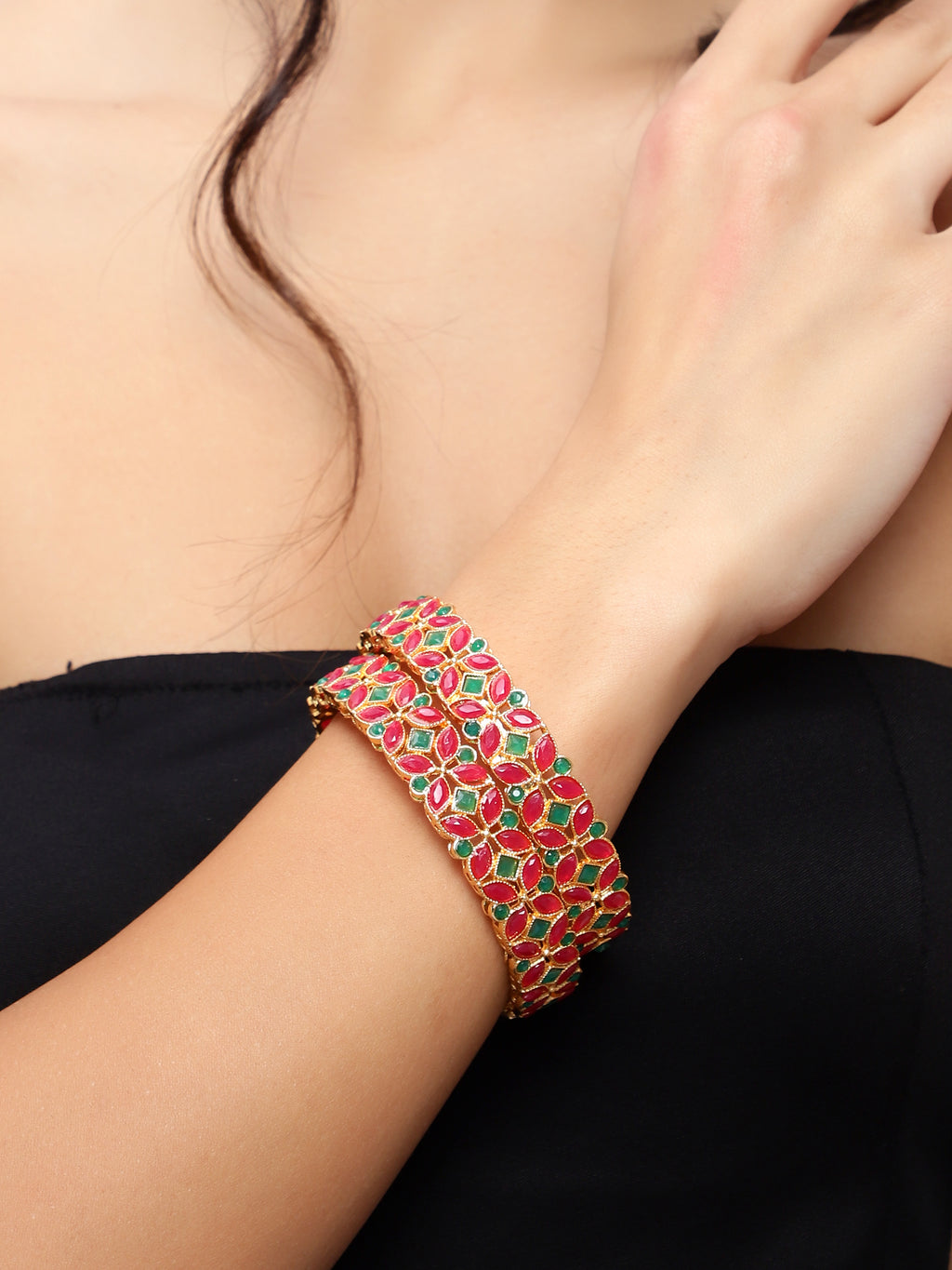 Exquisite Gold-Plated Red &amp; Green Floral Bangles (Set of 2)
