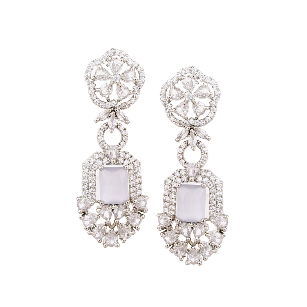 Glamorous Silver-Plated Geometric Marquise American Diamond Drop Earrings