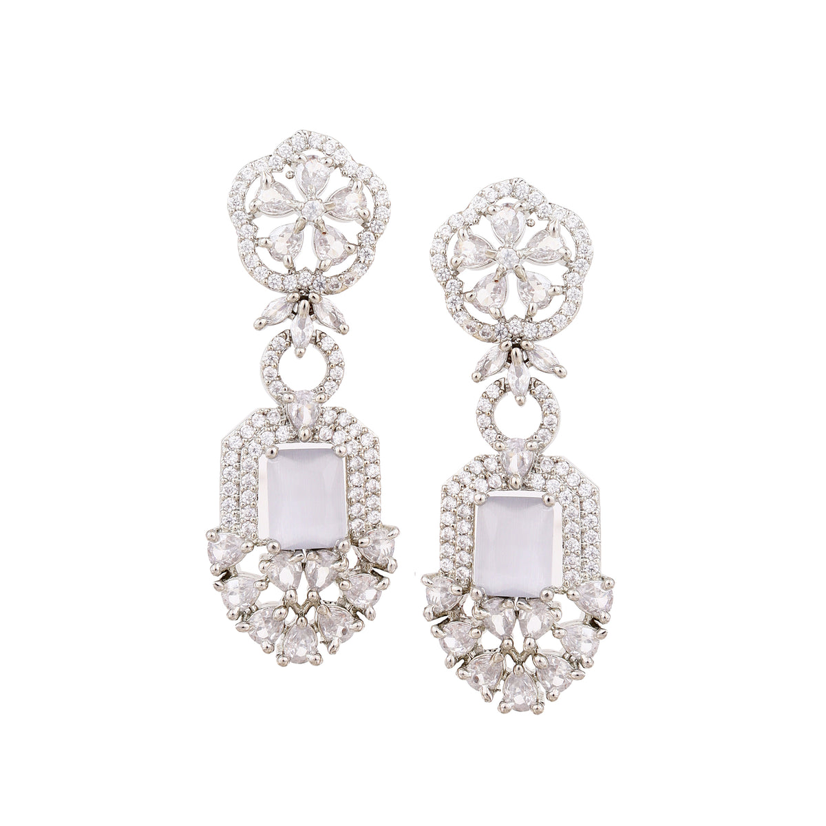 Glamorous Silver-Plated Geometric Marquise American Diamond Drop Earrings