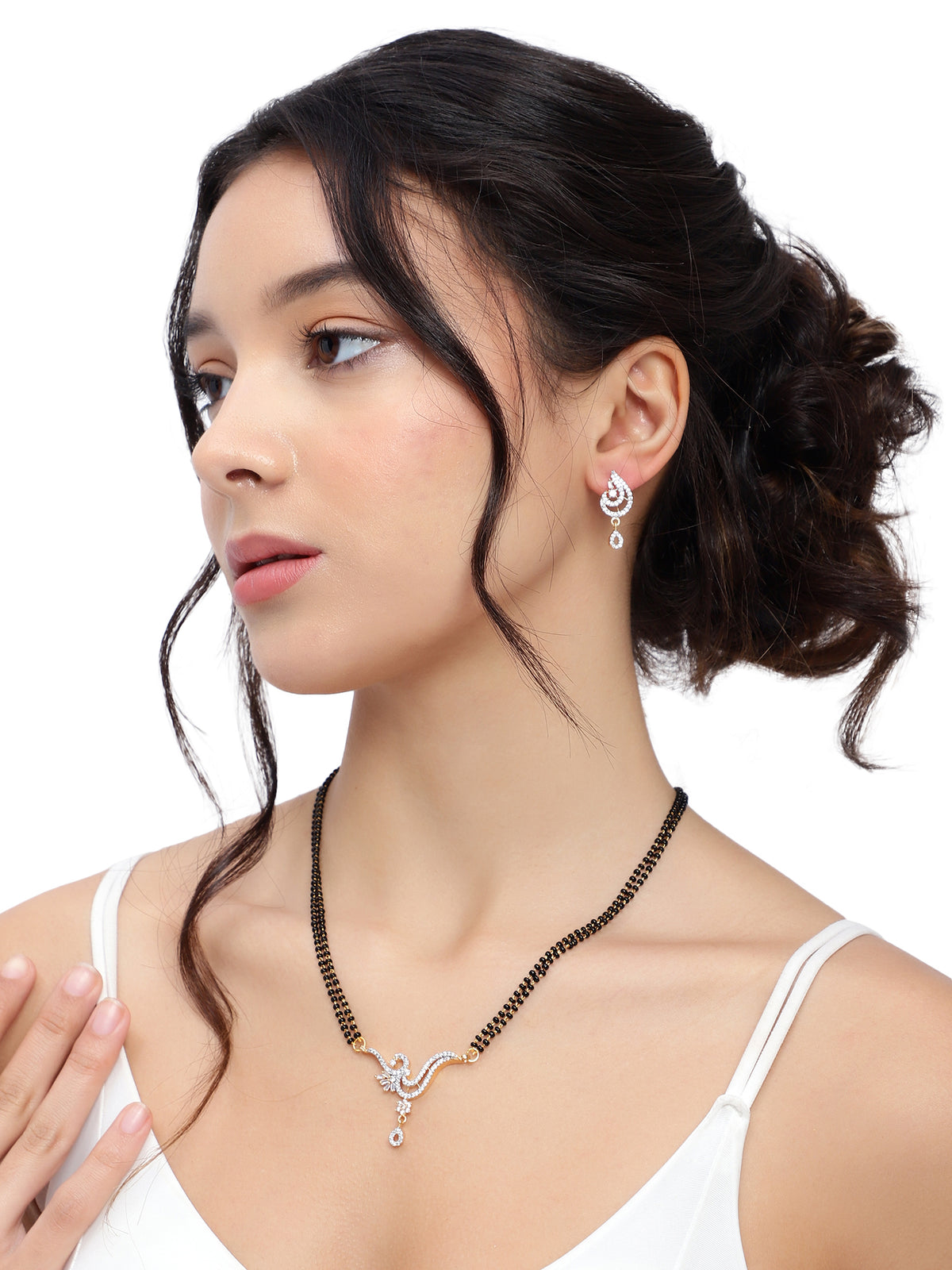 Exquisite Rhodium-Plated American Diamond Peacock Motif Mangalsutra & Earrings Set