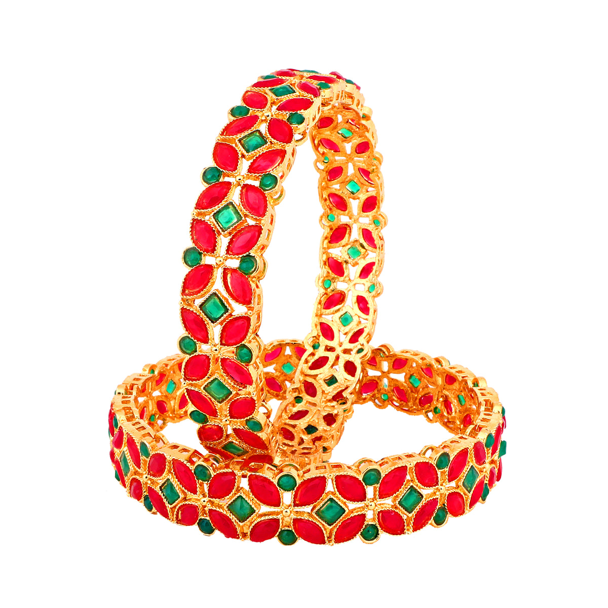 Exquisite Gold-Plated Red &amp; Green Floral Bangles (Set of 2)