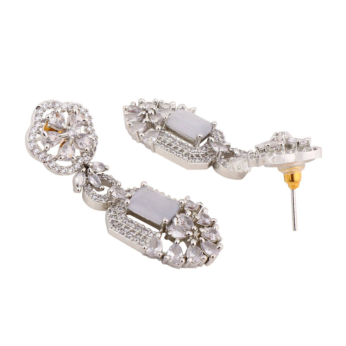 Glamorous Silver-Plated Geometric Marquise American Diamond Drop Earrings