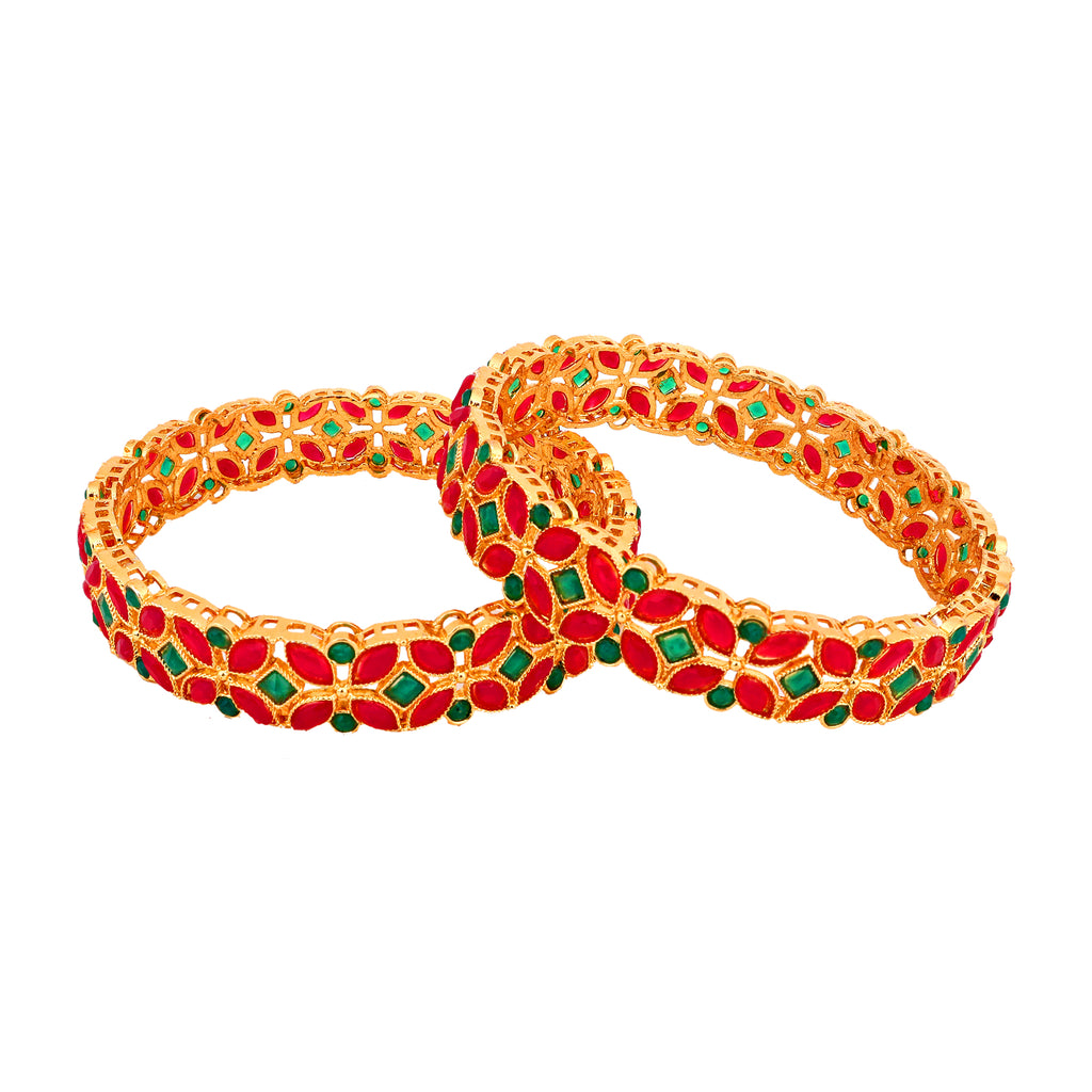 Exquisite Gold-Plated Red &amp; Green Floral Bangles (Set of 2)
