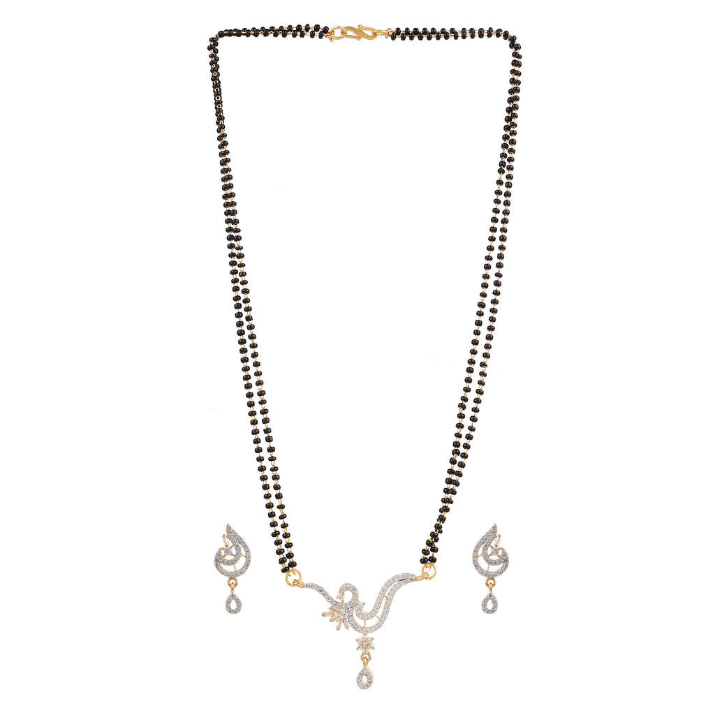 Exquisite Rhodium-Plated American Diamond Peacock Motif Mangalsutra & Earrings Set