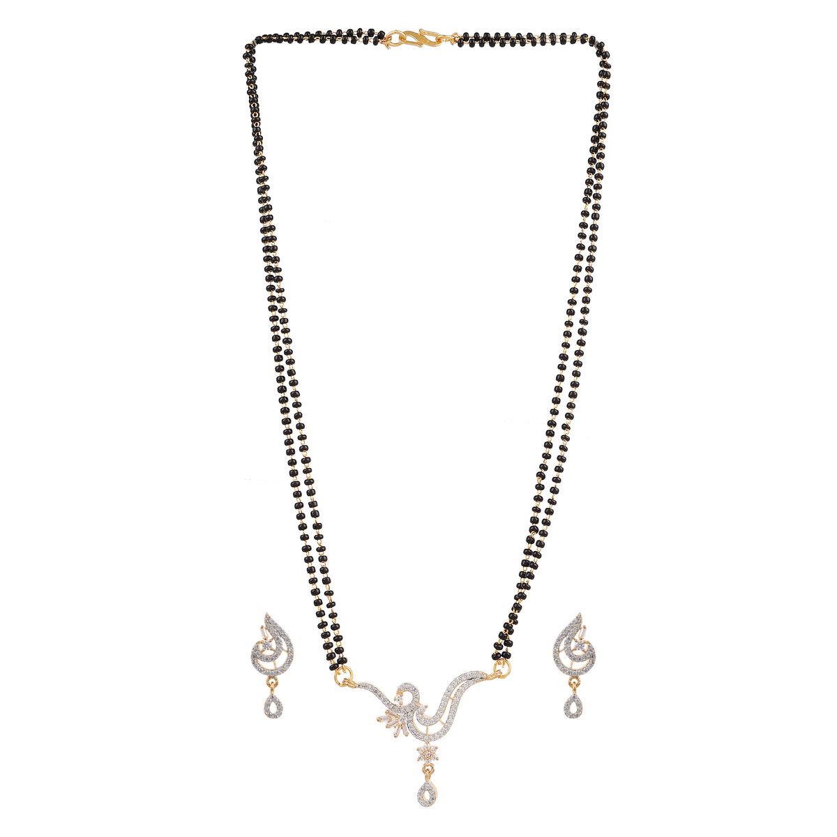 Exquisite Rhodium-Plated American Diamond Peacock Motif Mangalsutra & Earrings Set
