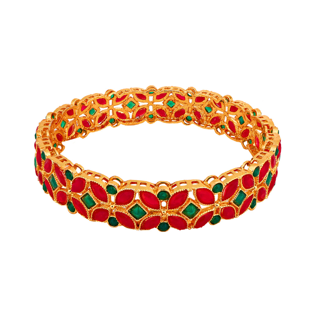 Exquisite Gold-Plated Red &amp; Green Floral Bangles (Set of 2)