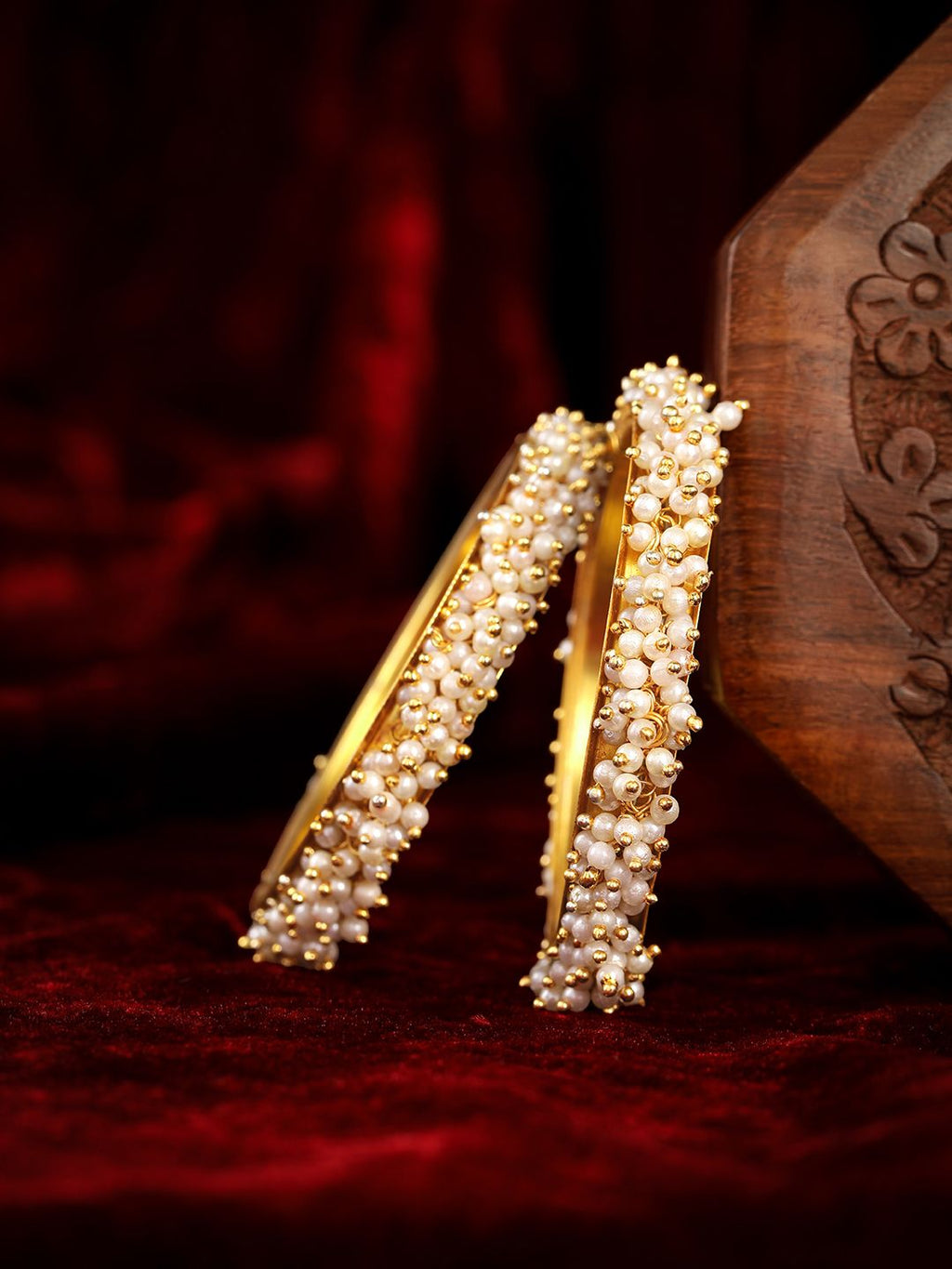 Elegant Gold-Plated Moti Pearl Cluster Bangles (Set of 2)