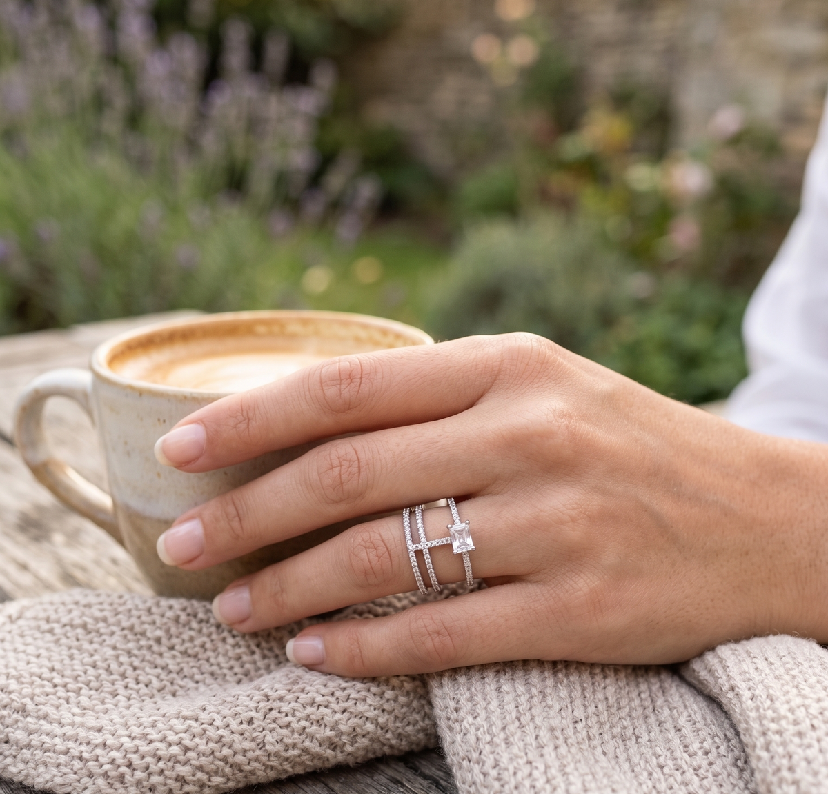 Sleek Silver-Plated American Diamond & CZ Multi-Band Emerald-Cut Statement Ring