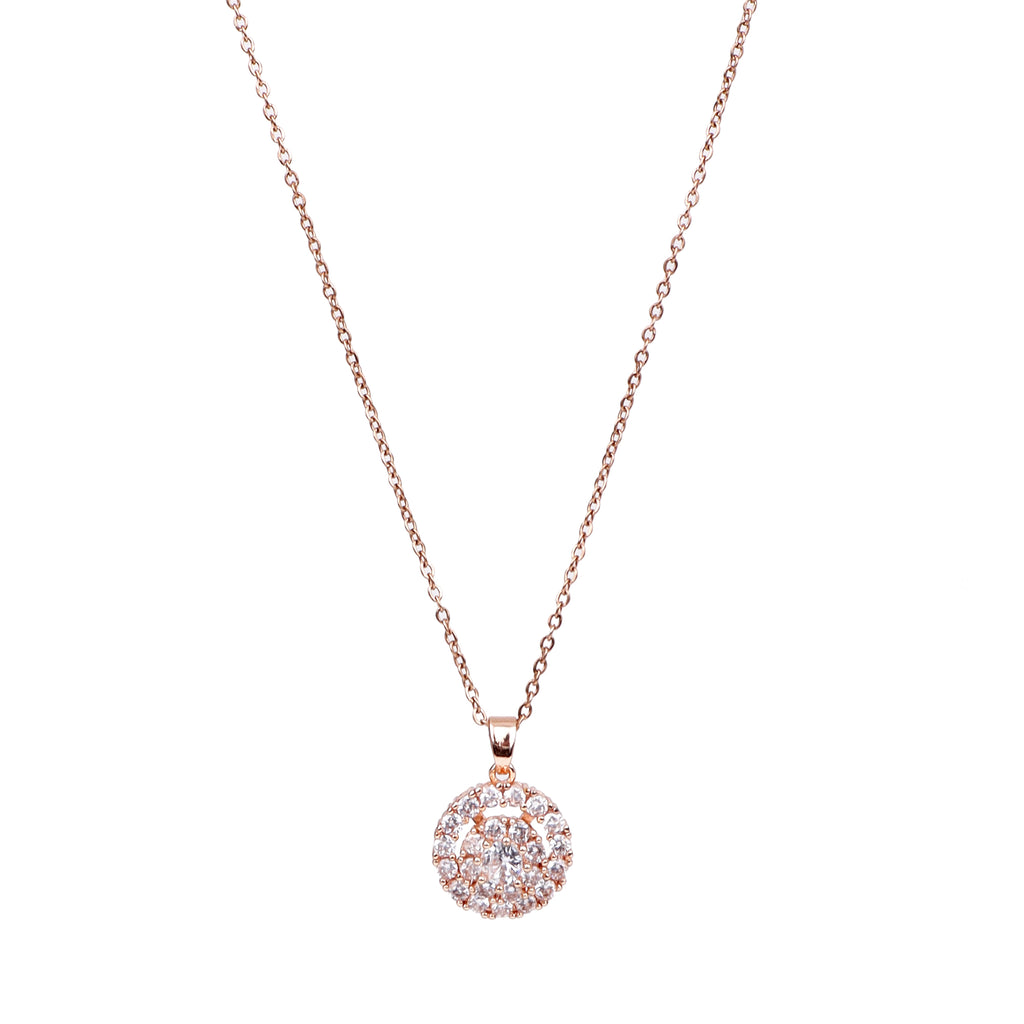 Elegant Rose Gold-Plated Cubic Zirconia Circular Statement Pendant with Chain