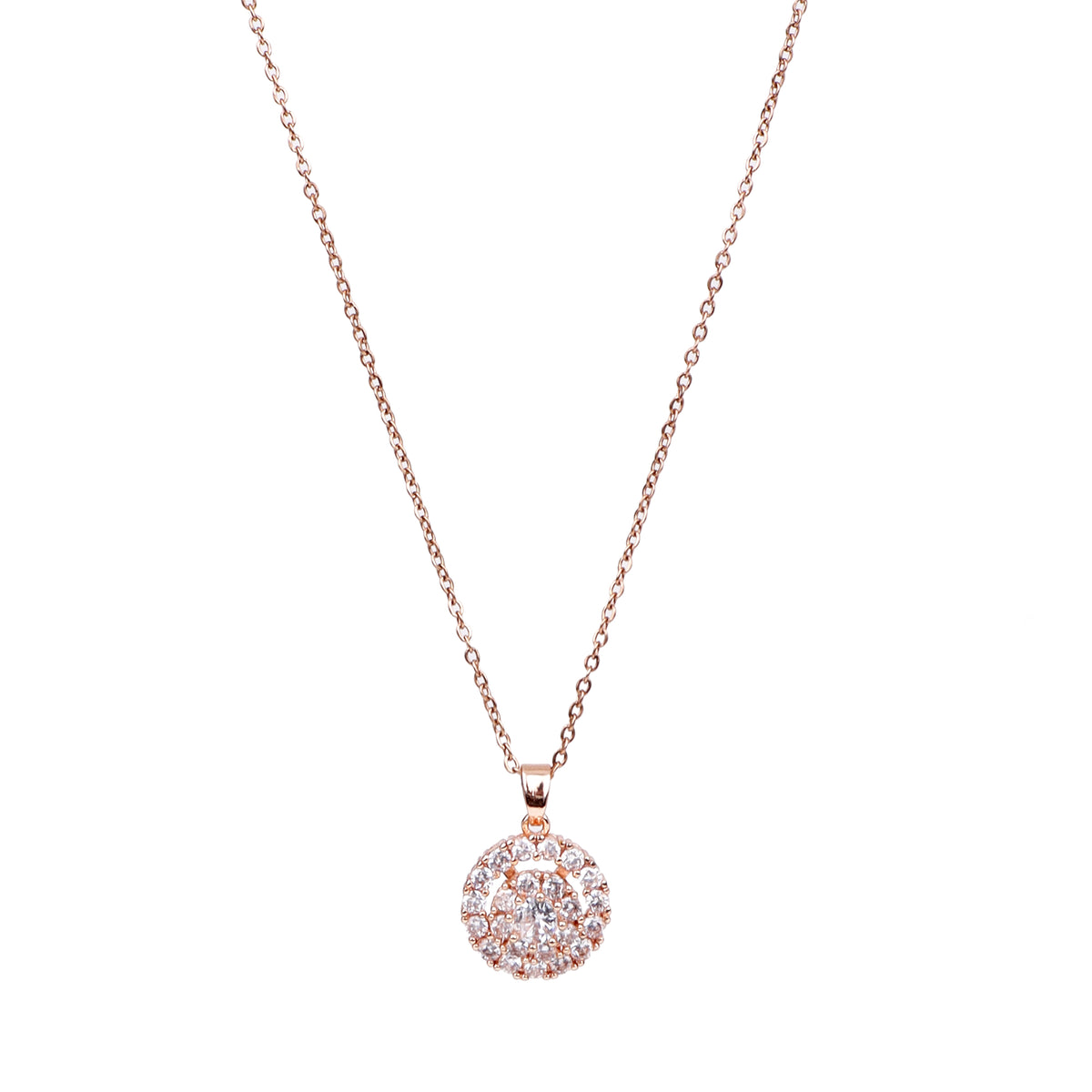 Elegant Rose Gold-Plated Cubic Zirconia Circular Statement Pendant with Chain