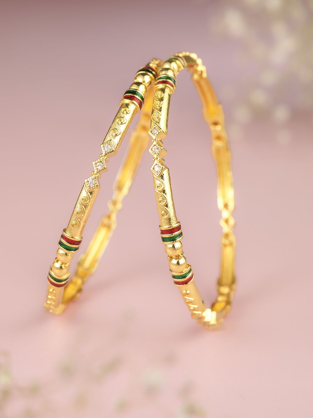 Sleek Gold-Plated CZ & Meenakari Accents Bangles (Set of 2)