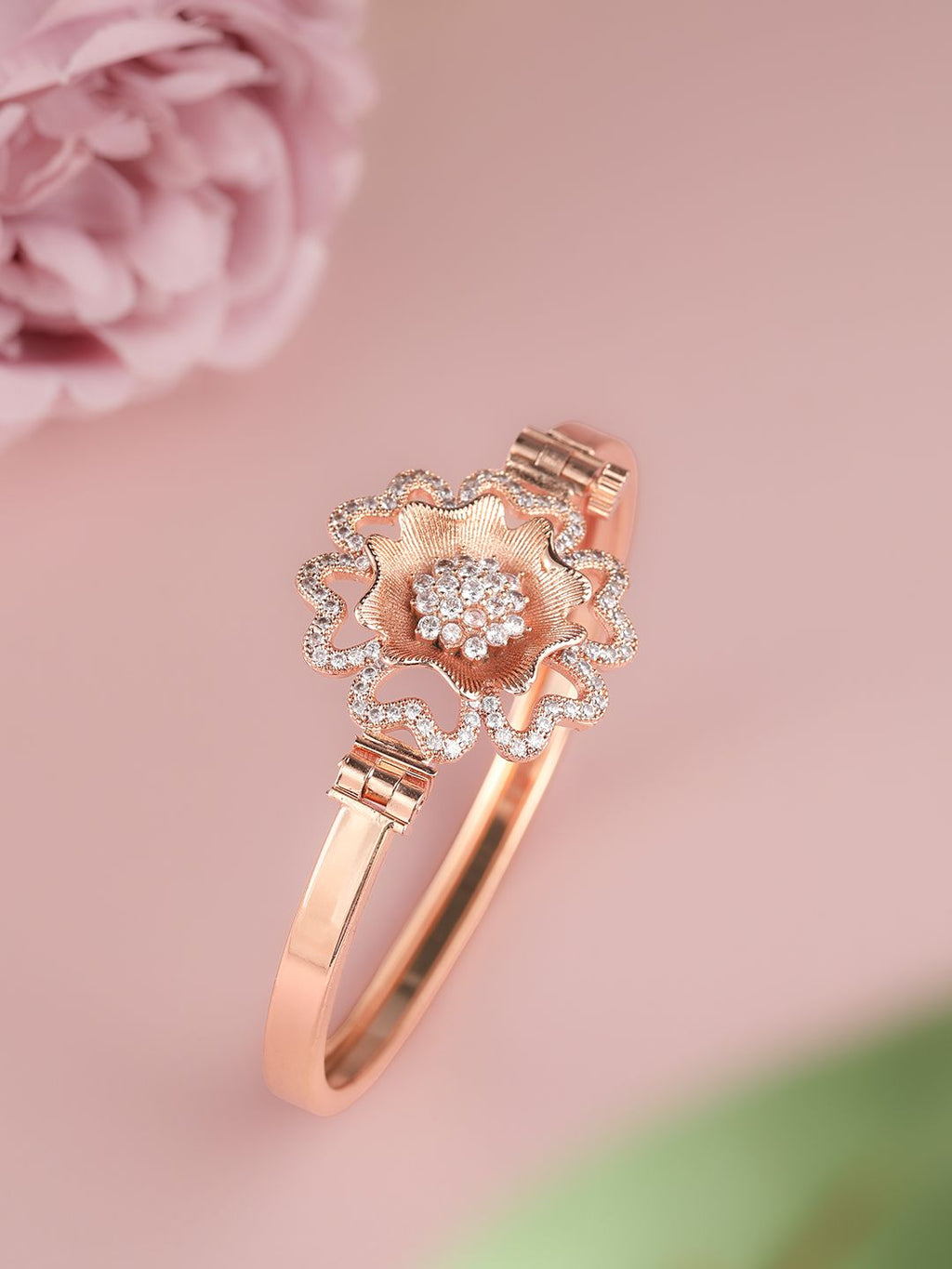 Elegant Rose Gold-Plated Brass Cubic Zirconia Statement Floral Bracelet