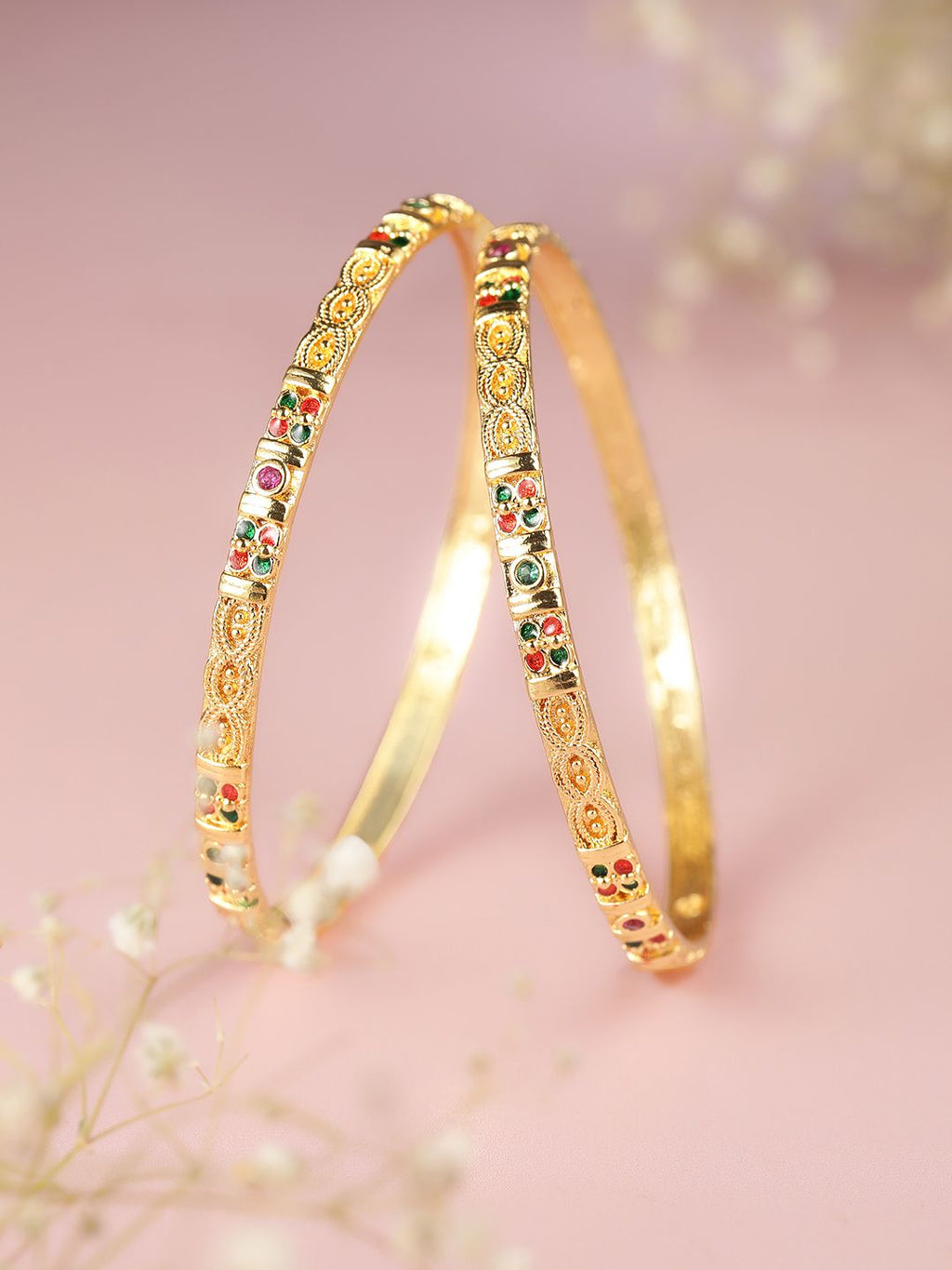 Sleek Gold-Plated Intricate Filigree Meenakari Bangles (Set of 2)
