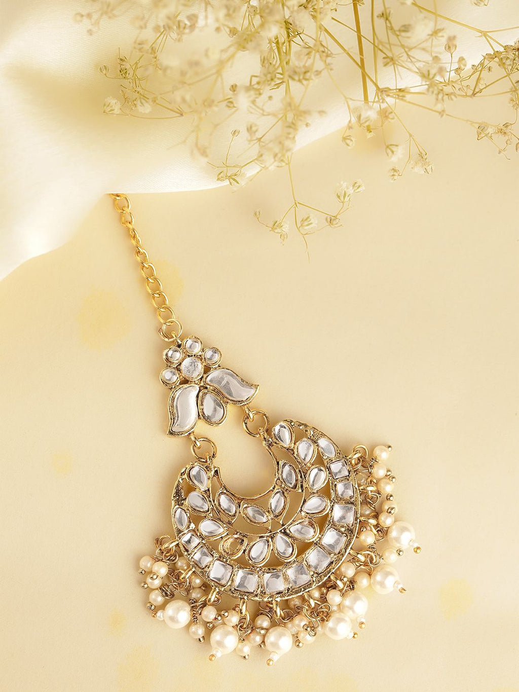 Regal Gold-Plated Kundan & Pearl Crescent Chandbali Maang Tikka