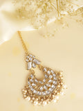 Regal Gold-Plated Kundan & Pearl Crescent Chandbali Maang Tikka