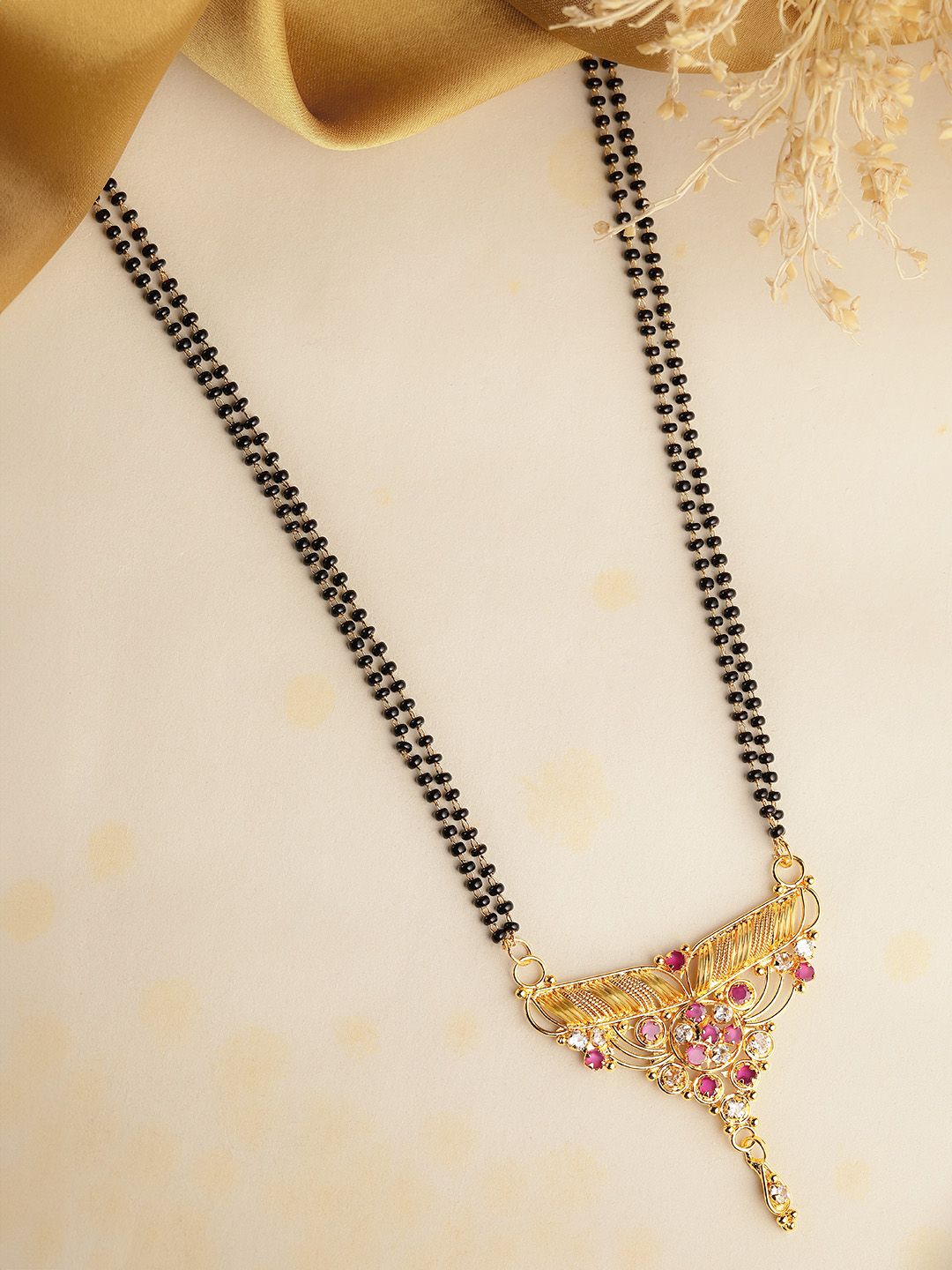 Regal Gold-Plated Cubic Zirconia & Ruby-Toned Stone Mangalsutra