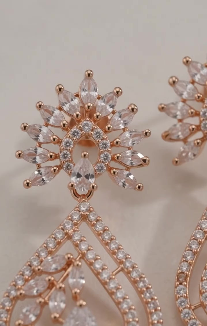 Rose Gold-Plated Intricate American Diamond Geometric Drop Earrings